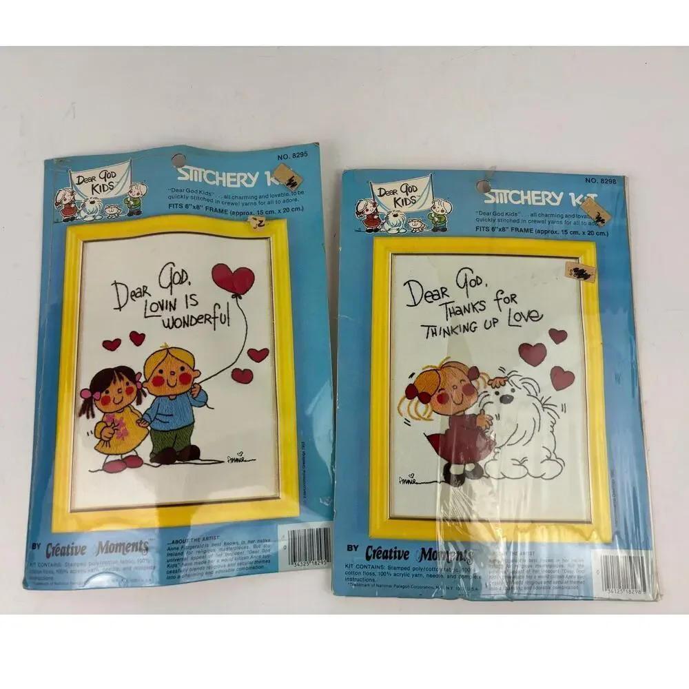 Lot of 2 Dear God Kids Creative Moments Stitchery 6 X 8 Frame Cross Stitch 1980s